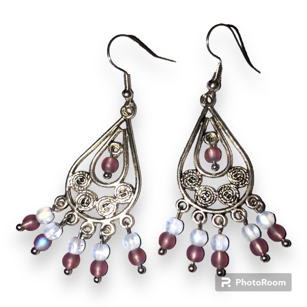 Handmade silver tone and drop glass earrings